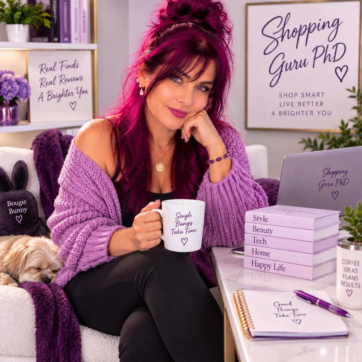 Dr. Elena with magenta-purple hair and lilac eyes, seated in a lavender cardigan in her purple Shopping Guru home office, with Bougie Bunny and a sleeping dog