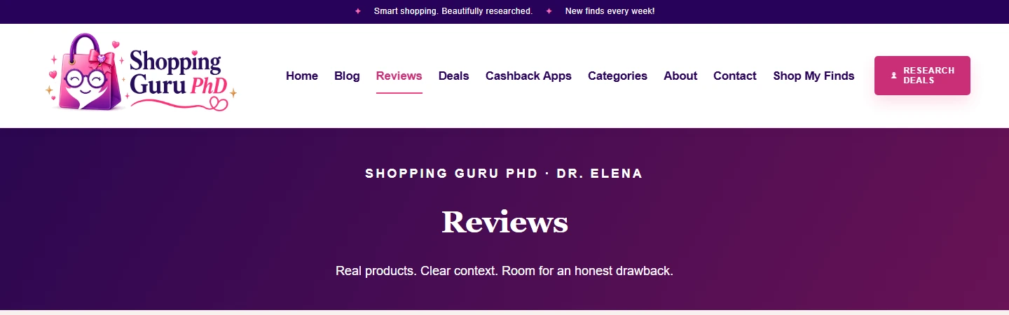 Shopping Guru’s live Reviews page on its WordPress website.