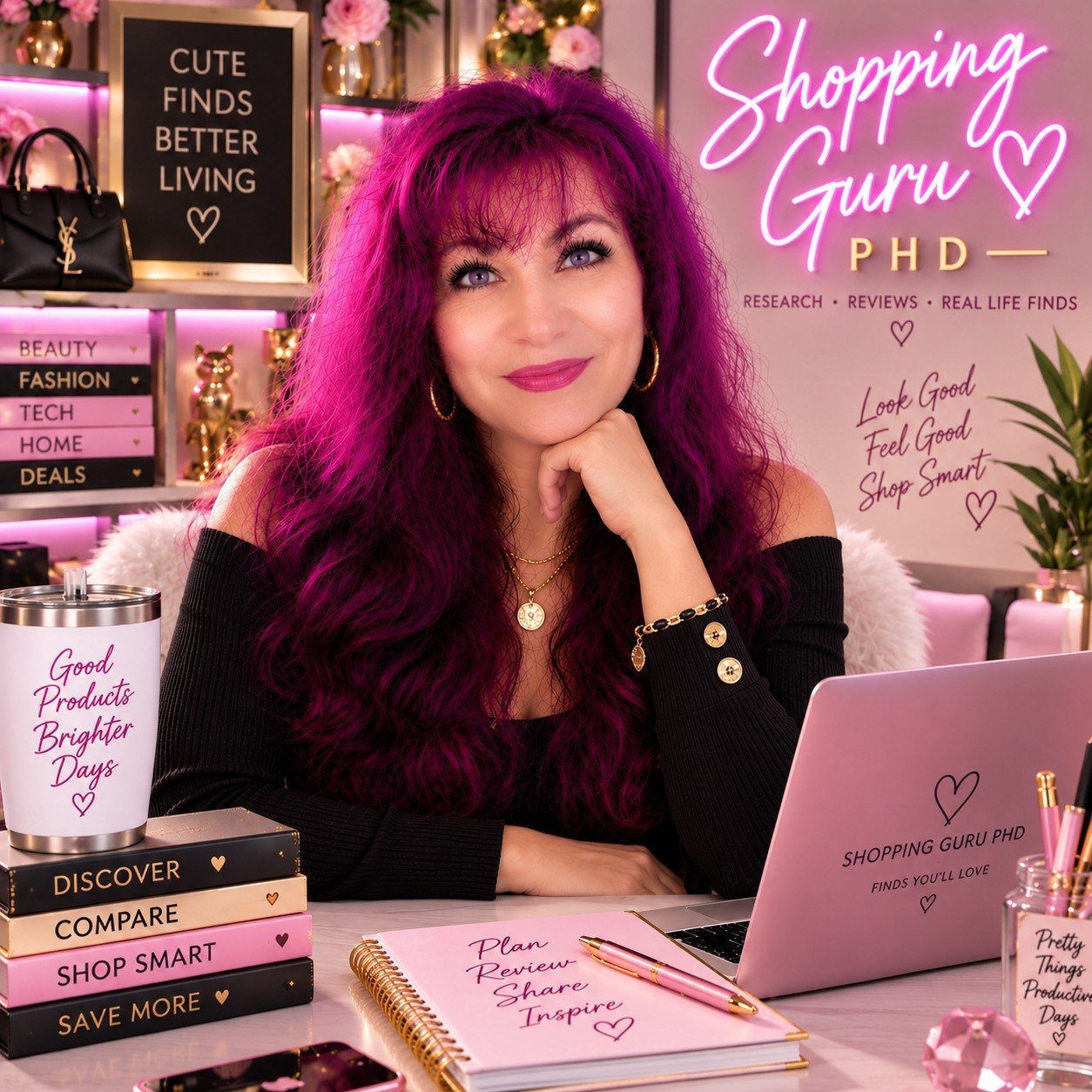 Dr. Elena of Shopping Guru PhD in her pink and purple shopping and review workspace.