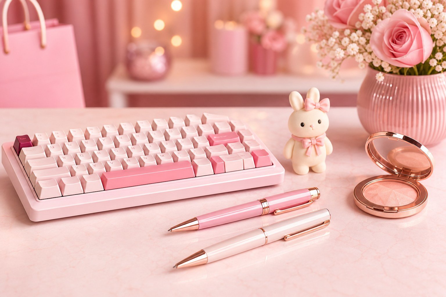 Premium pink desk with mechanical keyboard, flowers, and stationery