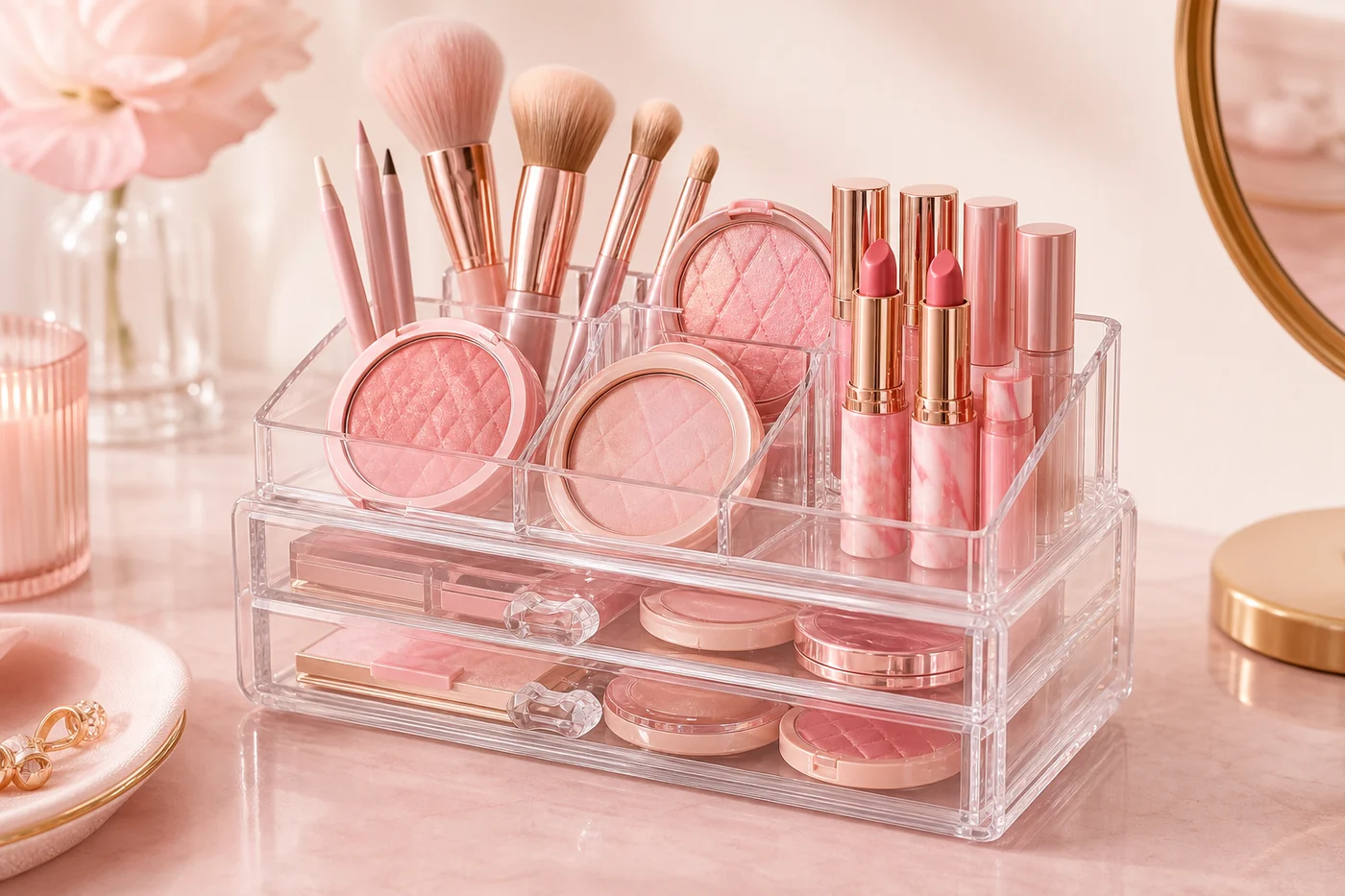 Pink lifestyle accessories styled with flowers