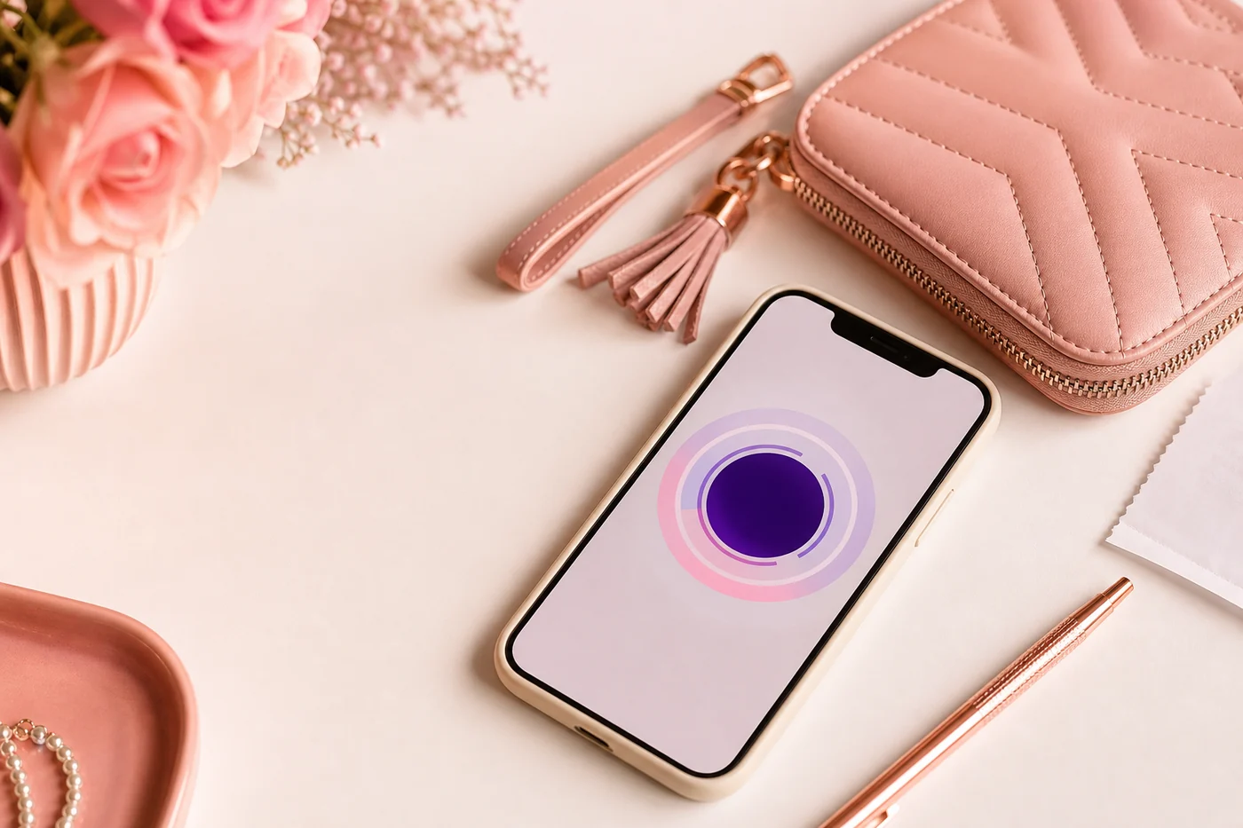 Pink shopping lifestyle scene with smartphone and accessories