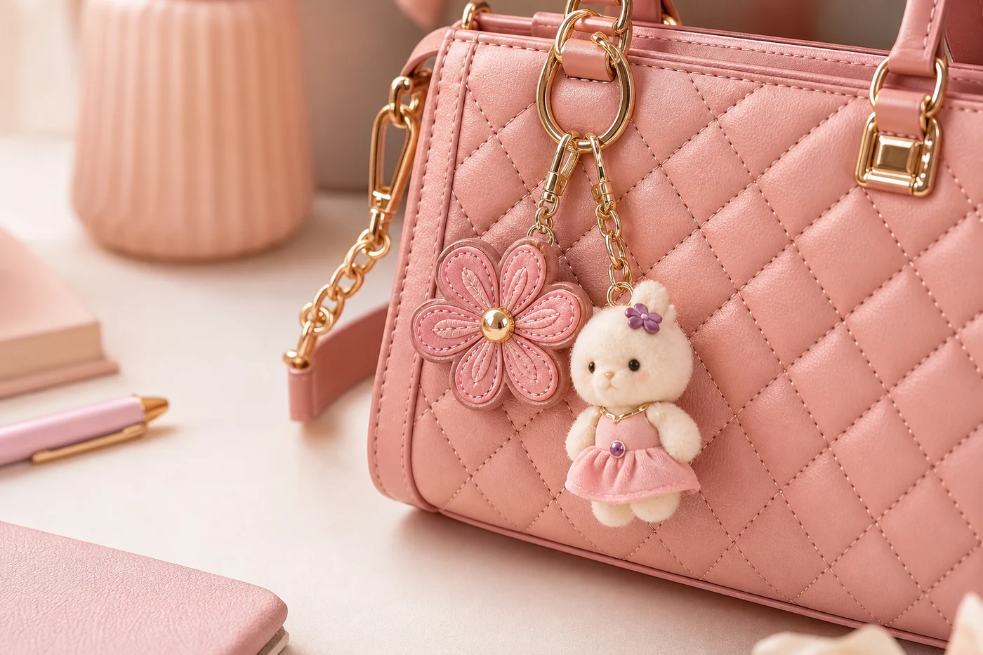 Blush handbag with an elegant decorative charm