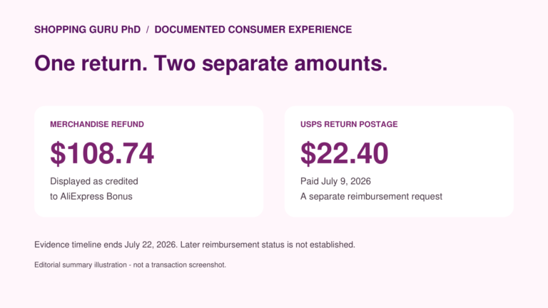 Editorial summary: $108.74 merchandise refund credited to Bonus and $22.40 USPS postage; later reimbursement status is not established.