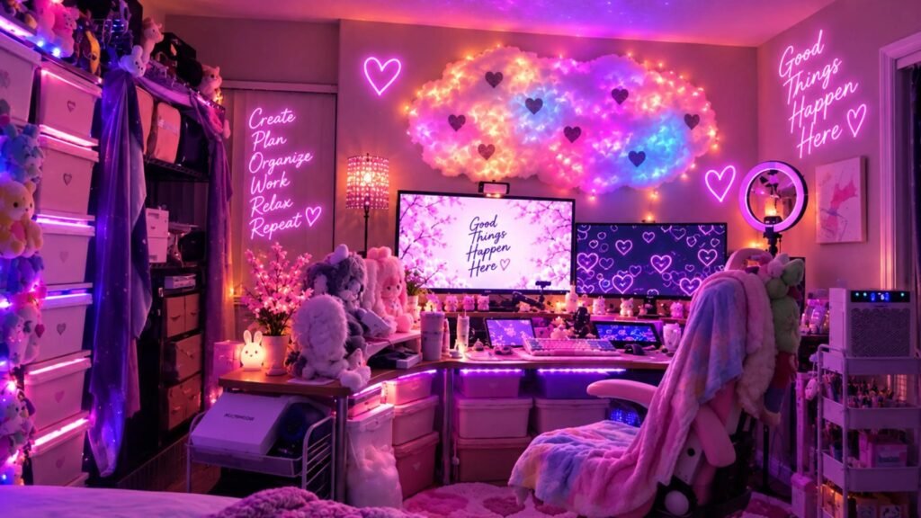 Pink-and-purple office image shared by Dr. Elena, with a cloud-shaped light, desk, monitors, storage and plush decorations.