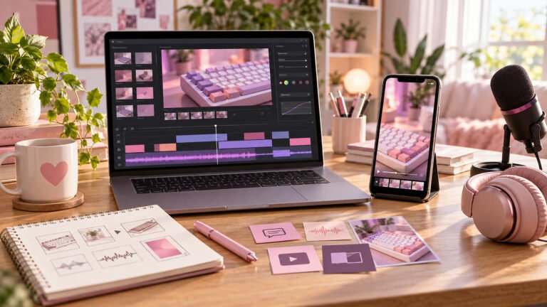 Pink and purple creator workspace with a laptop video timeline, vertical keyboard footage, microphone and headphones.