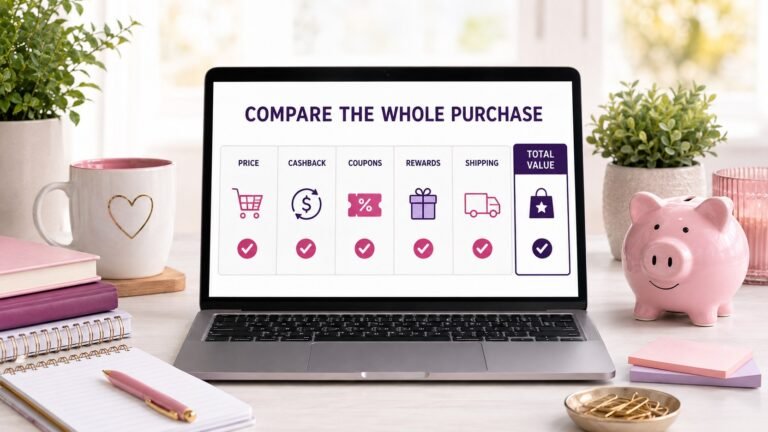 Pink and purple smart-shopping workspace with a laptop and notes for comparing prices, cashback, coupons, rewards and total value.