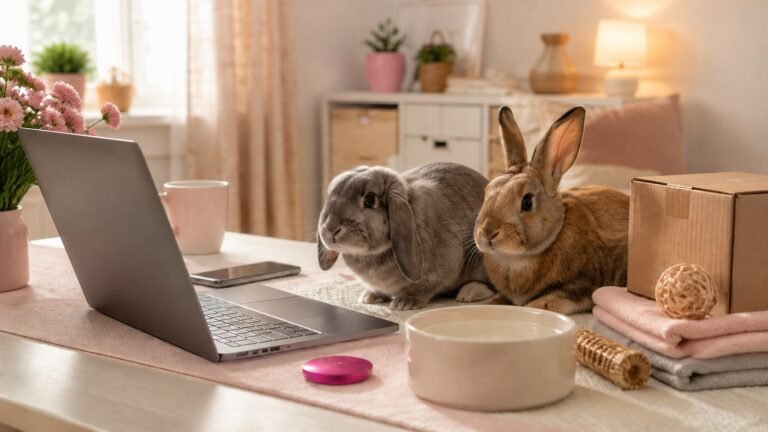 Pink and purple shopping workspace with rabbits and pet supplies representing a small cashback reward used toward an urgent pet purchase.