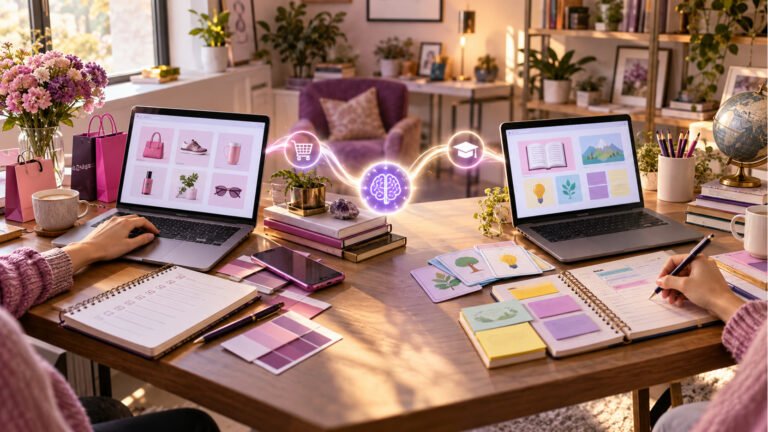 Pink and purple dual-workspace scene connecting online shopping research with curriculum planning through an AI-assisted workflow.