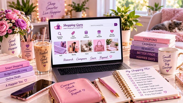 Pink and purple smart-shopping workspace with a laptop, shopping checklist, coupons, cashback and rewards themes.
