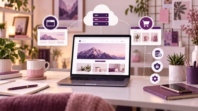 Pink and purple workspace with a laptop and generic website, server, backup, security and online-shopping symbols.