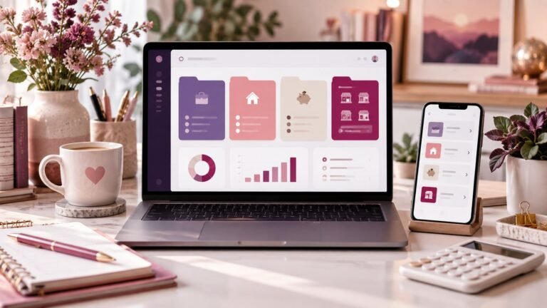 Pink and purple workspace with a laptop and phone showing generic separated business, personal and savings account organization.