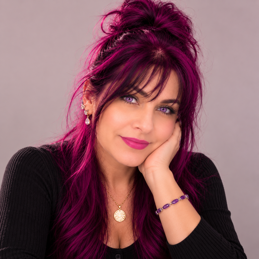 Dr. Elena with vibrant fuchsia hair and TolyTolly Ice Crystals Purple contacts.